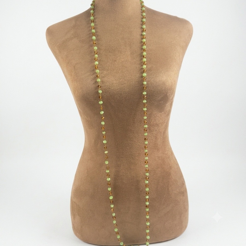 Green and Tortoise Glass Beaded 60 Inch Extra Long Flapper Necklace Wh